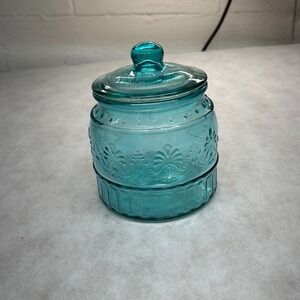 Pioneer Woman Jar Aqua Blue Glass Embossed Kitchen Decor Storage Container 33oz